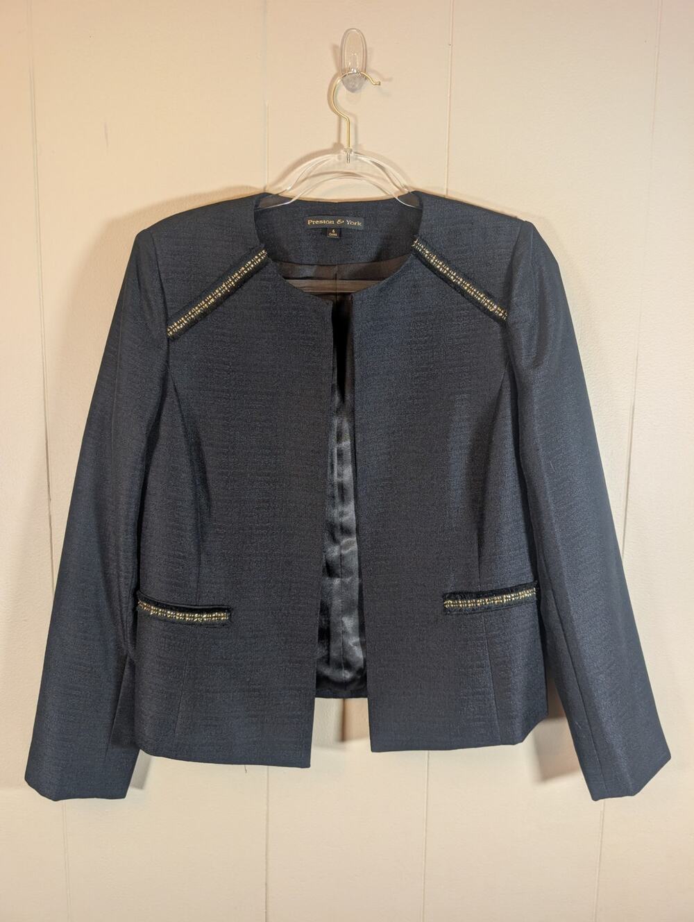 GOLD TRIM Blazer Preston & York 6 Black Collarless Open Front Structured Jacket